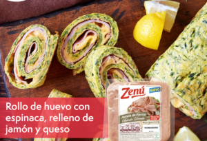 Rollitos de huevo con espinaca, rellenos de jamón y queso